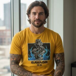Popular Poison Graphic T-Shirt Unisex L Yellow Snake Flames Japanese Kanji